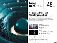 Titelbild der Zeitschrift "Spektrum der Wissenschaft – Die Woche", Ausgabe Nr. 45 vom 6. November 2025. Das Hauptthema lautet "Von der Entropie zur Quantengravitation" im Bereich Informationstheorie. Das Bild zeigt eine künstlerische Darstellung von Wellenmustern, die sich um eine zentrale Kugel ausbreiten, symbolisierend für Konzepte der Physik. Weitere Themen auf dem Cover sind Carbonbeton, Vampire in Österreich, Vogelgrippe und der Komet 3I/ATLAS.