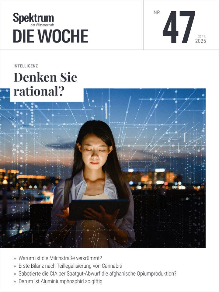 En primer plano hay una mujer mirando una tableta. Al fondo se puede ver un paisaje urbano nocturno con luces parpadeantes, superpuesto con una red digital de líneas y puntos. El título está en la parte superior. "Espectro científico: la semana" con número 47 de 20 de noviembre de 2025. El artículo se titula "¿Estás pensando racionalmente?" y hay una lista de temas como la curvatura de la Vía Láctea y la legalización del cannabis.