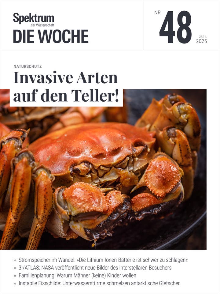 Titelbild des Magazins "Spektrum Die Woche", Ausgabe Nr. 48 vom 27.11.2025. Im Vordergrund ist eine Nahaufnahme einer Krabbe auf einem Teller zu sehen, die das Thema "Invasive Arten auf den Teller!" illustriert. Oben links steht der Magazinname, rechts die Ausgabenummer und das Datum. Unten sind weitere Artikelüberschriften zu Themen wie Lithium-Ionen-Batterien, NASA-Bilder, Familienplanung und antarktische Gletscher.
