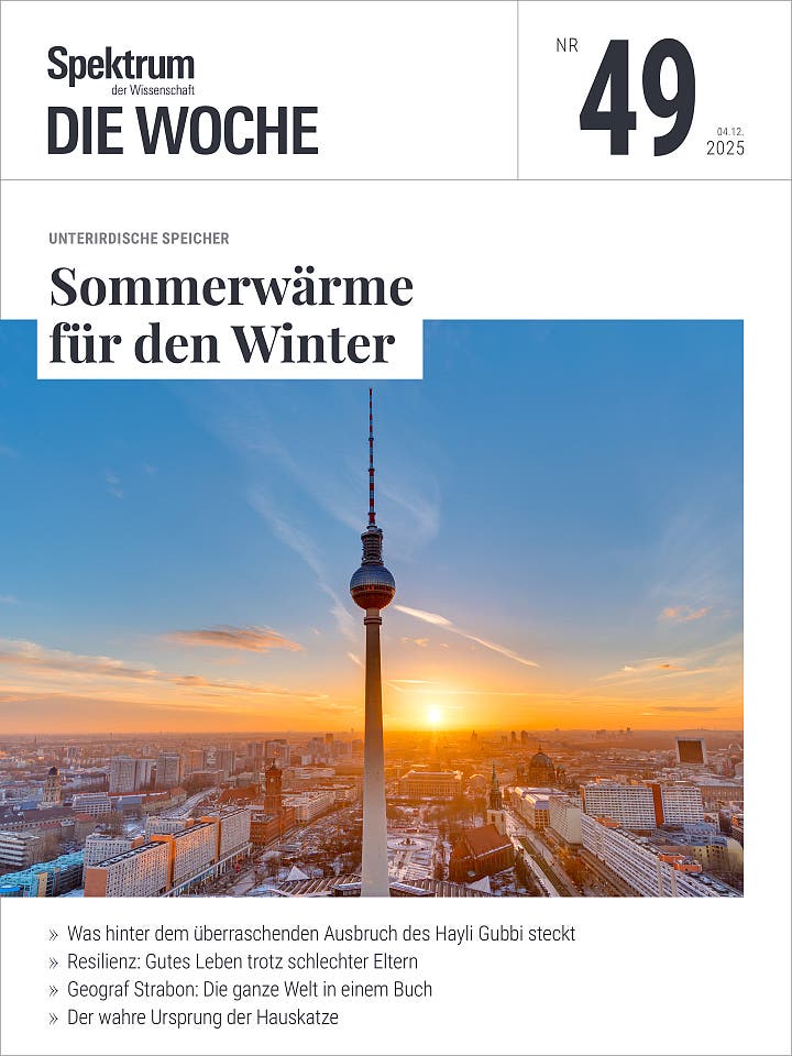 Titelbild des Magazins "Spektrum der Wissenschaft – Die Woche", Ausgabe Nr. 49 vom 4. Dezember 2025. Im Vordergrund steht der Berliner Fernsehturm vor einem Sonnenuntergang, der den Himmel in warmen Farben erleuchtet. Der Hauptartikel trägt den Titel "Sommerwärme für den Winter" und thematisiert unterirdische Speicher. Weitere Artikel behandeln Themen wie den Ausbruch des Hayli Gubbi, Resilienz, Geograf Strabon und die Ursprünge der Hauskatze.