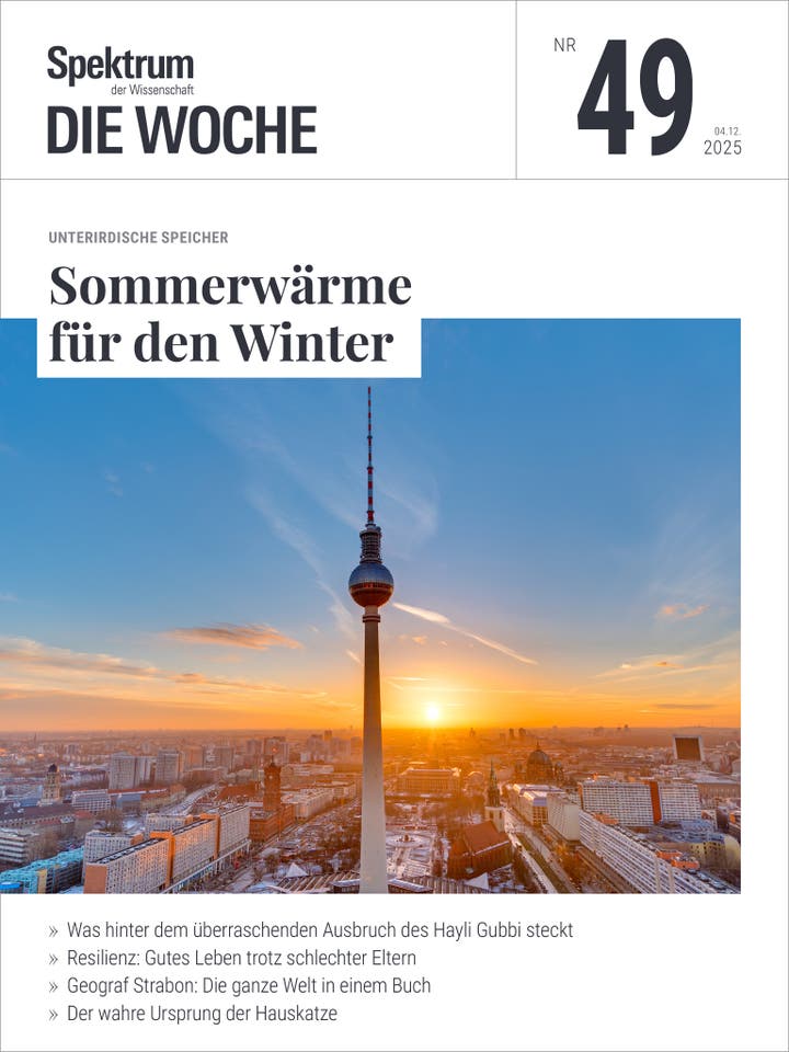 Titelbild des Magazins "Spektrum der Wissenschaft – Die Woche", Ausgabe Nr. 49 vom 4. Dezember 2025. Im Vordergrund steht der Berliner Fernsehturm vor einem Sonnenuntergang, der den Himmel in warmen Farben erleuchtet. Der Hauptartikel trägt den Titel "Sommerwärme für den Winter" und thematisiert unterirdische Speicher. Weitere Artikel behandeln Themen wie den Ausbruch des Hayli Gubbi, Resilienz, Geograf Strabon und die Ursprünge der Hauskatze.