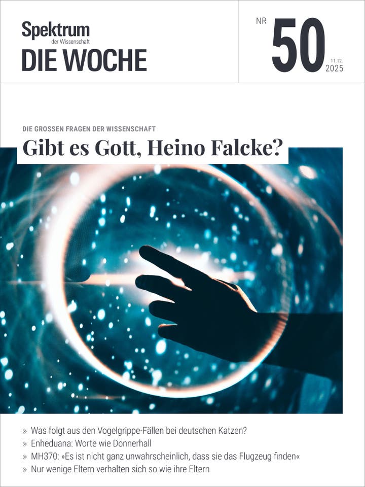 Titelbild der Zeitschrift "Spektrum der Wissenschaft – Die Woche", Ausgabe Nr. 50 vom 11. Dezember 2025. Im Vordergrund ist eine Hand, die sich einem leuchtenden, blauen Kreis nähert, umgeben von funkelnden Lichtpunkten. Der Hauptartikel trägt den Titel "Gibt es Gott, Heino Falcke?". Weitere Themen sind die Vogelgrippe bei Katzen, Enheduana und MH370.