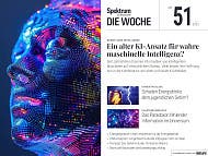 Titelbild des Magazins "Spektrum Die Woche", Ausgabe Nr. 51 vom 18. Dezember 2025. Das Hauptthema lautet "Ein alter KI-Ansatz f&uuml;r wahre maschinelle Intelligenz?". Das Bild zeigt ein k&uuml;nstlerisch gestaltetes Gesicht, das aus bunten, leuchtenden Pixeln besteht, die an digitale Daten erinnern. Im unteren Bereich sind weitere Themen der Ausgabe aufgelistet: "Schaden Energydrinks dem jugendlichen Gehirn?", "Das Paradoxon fehlender Information im Universum", "Eisen verbrennen f&uuml;r die Energiewende" und "Nicht alle Narzissten sind beziehungsunf&auml;hig".