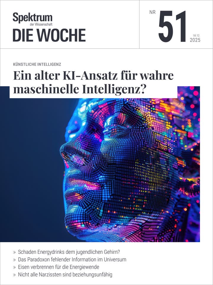 Titelbild des Magazins "Spektrum Die Woche", Ausgabe Nr. 51 vom 18. Dezember 2025. Das Hauptthema lautet "Ein alter KI-Ansatz f&uuml;r wahre maschinelle Intelligenz?". Das Bild zeigt ein k&uuml;nstlerisch gestaltetes Gesicht, das aus bunten, leuchtenden Pixeln besteht, die an digitale Daten erinnern. Im unteren Bereich sind weitere Themen der Ausgabe aufgelistet: "Schaden Energydrinks dem jugendlichen Gehirn?", "Das Paradoxon fehlender Information im Universum", "Eisen verbrennen f&uuml;r die Energiewende" und "Nicht alle Narzissten sind beziehungsunf&auml;hig".