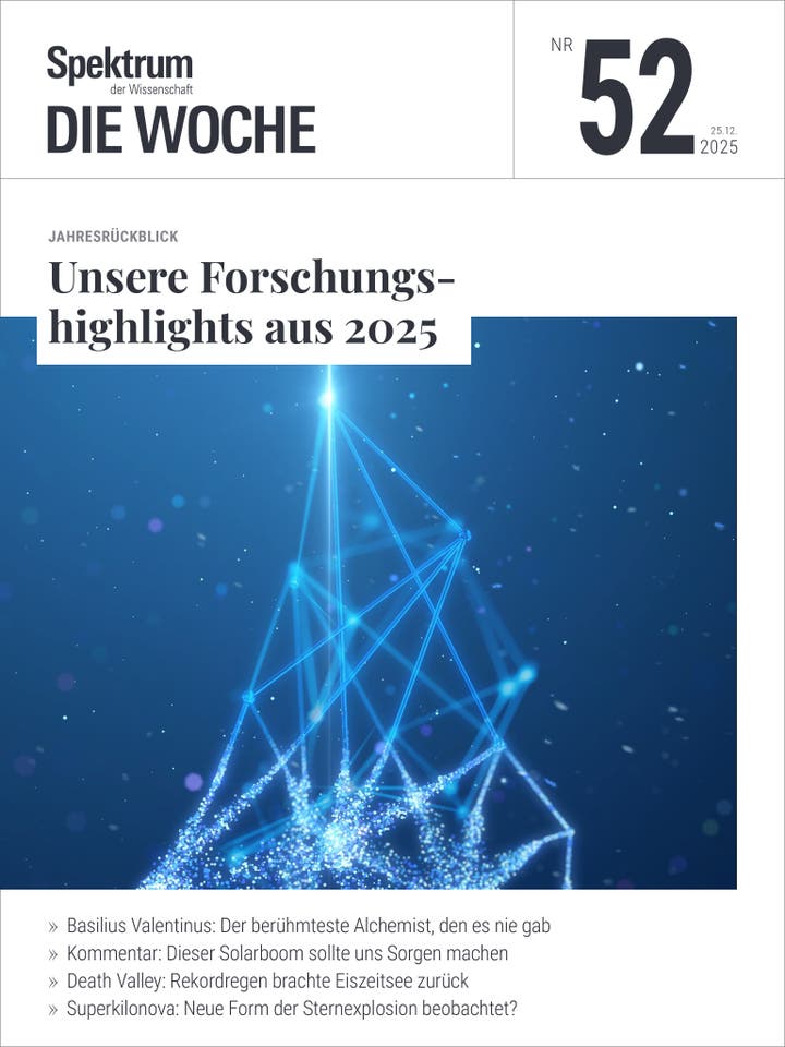 Titelbild der Zeitschrift "Spektrum der Wissenschaft &ndash; Die Woche", Ausgabe Nr. 52 vom 25. Dezember 2025. Oben steht "Jahresr&uuml;ckblick: Unsere Forschungshighlights aus 2025". Das Bild zeigt ein abstraktes, leuchtendes Netzwerk aus blauen Linien und Punkten vor einem dunklen Hintergrund, das an ein futuristisches Kunstwerk erinnert. Unten sind Artikel&uuml;berschriften wie "Basilius Valentinus: Der ber&uuml;hmteste Alchemist, den es nie gab" und "Superkilonova: Neue Form der Sternexplosion beobachtet?" aufgef&uuml;hrt.