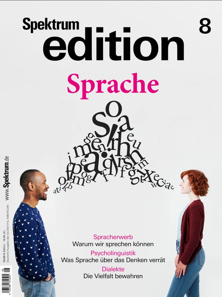 Titelbild der Zeitschrift "Spektrum edition" mit dem Thema "Sprache". Zwei Personen stehen sich gegenüber, während Buchstaben zwischen ihnen schweben, die eine Kommunikation symbolisieren. Oben steht der Titel "Sprache" in pinker Schrift. Unten sind Themen wie "Spracherwerb", "Psycholinguistik" und "Dialekte" aufgeführt. Links ist die URL "www.spektrum.de" sichtbar.