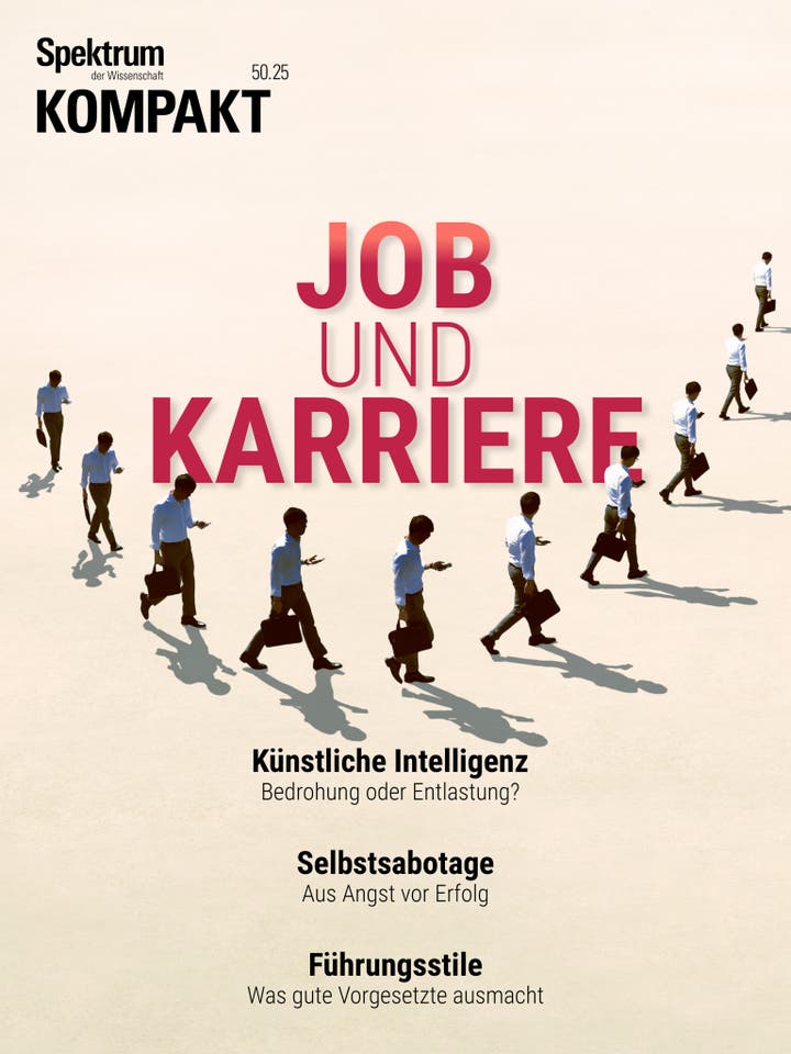 Eine Gruppe von Menschen in Business-Kleidung geht über eine helle Fläche, einige mit Aktentaschen. Der Text „JOB UND KARRIERE“ ist prominent in der Mitte platziert. Oben links steht „Spektrum der Wissenschaft KOMPAKT 50.25“. Unten sind Themen wie „Künstliche Intelligenz: Bedrohung oder Entlastung?“, „Selbstsabotage: Aus Angst vor Erfolg“ und „Führungsstile: Was gute Vorgesetzte ausmacht“ aufgeführt.