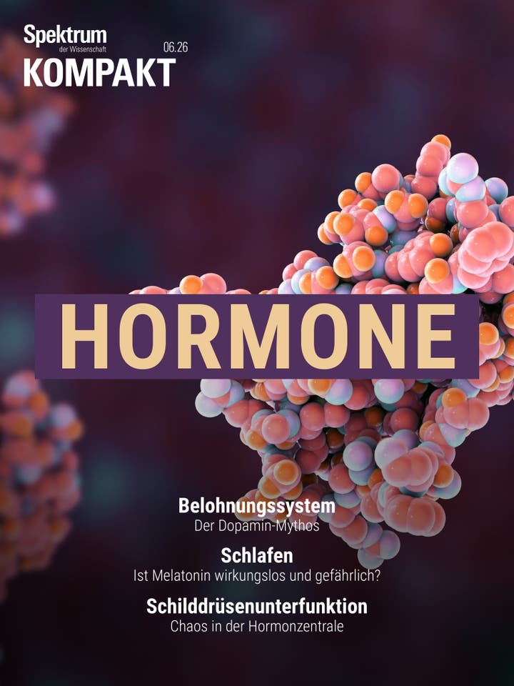 Eine wissenschaftliche Abbildung zeigt die 3D-Struktur eines Proteins, bestehend aus kugelf&ouml;rmigen Elementen in verschiedenen Farben, die eine komplexe, dreidimensionale Form bilden. Im Vordergrund steht der Text "HORMONE" in gro&szlig;en Buchstaben. Weitere Texte auf dem Bild sind: "Belohnungssystem: Der Dopamin-Mythos", "Schlafen: Ist Melatonin wirkungslos und gef&auml;hrlich?", und "Schilddr&uuml;senunterfunktion: Chaos in der Hormonzentrale". Oben links steht "Spektrum der Wissenschaft KOMPAKT 06.26". Der Hintergrund ist unscharf und dunkel gehalten.