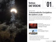 Titelbild der Zeitschrift "Spektrum der Wissenschaft &ndash; Die Woche", Ausgabe Nr. 01 vom 01.01.2026. Das Hauptthema lautet "Astronomische Ereignisse des Jahres 2026". Das Bild zeigt eine Sonnenfinsternis, bei der die Sonne teilweise vom Mond verdeckt wird, umgeben von Wolken. Weitere Themen auf dem Cover sind Quantenphysik, Dekabristen, 3D-Druckd&uuml;sen aus M&uuml;ckenr&uuml;sseln und ein Mechanismus zur automatischen Rissreparatur.