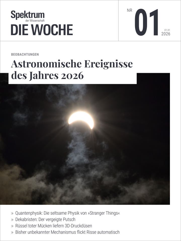 Titelbild der Zeitschrift "Spektrum der Wissenschaft &ndash; Die Woche", Ausgabe Nr. 01 vom 01.01.2026. Das Hauptthema lautet "Astronomische Ereignisse des Jahres 2026". Das Bild zeigt eine Sonnenfinsternis, bei der die Sonne teilweise vom Mond verdeckt wird, umgeben von Wolken. Weitere Themen auf dem Cover sind Quantenphysik, Dekabristen, 3D-Druckd&uuml;sen aus M&uuml;ckenr&uuml;sseln und ein Mechanismus zur automatischen Rissreparatur.
