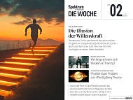 Titelbild des Magazins "Spektrum der Wissenschaft &ndash; Die Woche", Ausgabe Nr. 02 vom 8. Januar 2026. Das Hauptthema lautet "Die Illusion der Willenskraft". Das Bild zeigt eine Person, die bei Sonnenuntergang eine Treppe mit leuchtenden Stufen hinaufl&auml;uft. Im Hintergrund sind H&uuml;gel und ein farbenfroher Himmel zu sehen. Weitere Themen auf dem Cover sind: Muskelged&auml;chtnis, ein physikalisches Problem aus "The Big Bang Theory", das Feuer in Crans-Montana und der Riesenhai vor dem Megalodon.