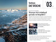 Titelbild der Zeitschrift "Spektrum der Wissenschaft &ndash; Die Woche", Ausgabe Nr. 03 vom 15. Januar 2026. Das Bild zeigt eine verschneite, arktische Landschaft in Gr&ouml;nland mit Eisbergen im Hintergrund unter einem klaren Himmel. Der Hauptartikel thematisiert die Attraktivit&auml;t Gr&ouml;nlands. Weitere Themen sind Dunkle Materie, Gewichtsreduktion, ein Interview &uuml;ber irrationale Zahlen und positive Psychologie.
