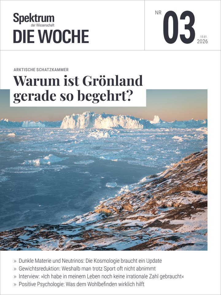 Titelbild der Zeitschrift "Spektrum der Wissenschaft &ndash; Die Woche", Ausgabe Nr. 03 vom 15. Januar 2026. Das Bild zeigt eine verschneite, arktische Landschaft in Gr&ouml;nland mit Eisbergen im Hintergrund unter einem klaren Himmel. Der Hauptartikel thematisiert die Attraktivit&auml;t Gr&ouml;nlands. Weitere Themen sind Dunkle Materie, Gewichtsreduktion, ein Interview &uuml;ber irrationale Zahlen und positive Psychologie.