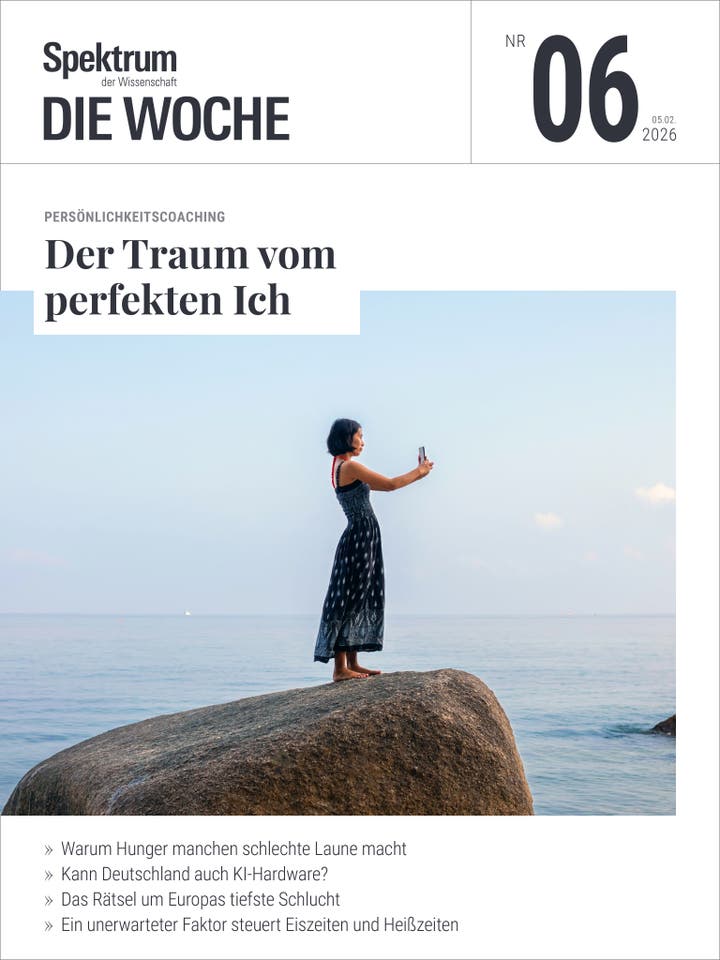 Eine Frau steht auf einem gro&szlig;en Felsen am Meer und macht ein Selfie. Sie tr&auml;gt ein langes, dunkles Kleid. Der Himmel ist klar und blau. Oben im Bild steht der Titel "Spektrum der Wissenschaft - Die Woche" mit der Ausgabe Nr. 06 vom 5. Februar 2026. Der Artikel "Der Traum vom perfekten Ich" wird hervorgehoben. Unten sind Themen wie Hunger, KI-Hardware, Europas tiefste Schlucht und Klimafaktoren aufgelistet.