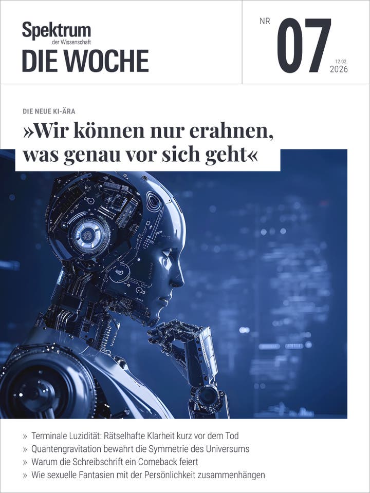 Titelbild der Zeitschrift "Spektrum der Wissenschaft &ndash; Die Woche", Ausgabe Nr. 07 vom 12. Februar 2026. Im Zentrum steht ein futuristischer humanoider Roboter mit sichtbaren mechanischen und elektronischen Komponenten, der nachdenklich in die Ferne blickt. Der Titel lautet: "Die neue KI-&Auml;ra: 'Wir k&ouml;nnen nur erahnen, was genau vor sich geht'". Unterhalb des Bildes sind Themen der Ausgabe aufgelistet, darunter terminale Luzidit&auml;t, Quantengravitation, die R&uuml;ckkehr der Schreibschrift und der Zusammenhang zwischen sexuellen Fantasien und Pers&ouml;nlichkeit.
