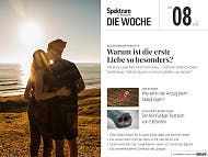 Eine Zeitschriftentitelseite mit dem Titel "Spektrum der Wissenschaft - Die Woche", Ausgabe Nr. 08 vom 19. Februar 2026. Das Hauptthema lautet "Warum ist die erste Liebe so besonders?" und zeigt ein Paar, das sich bei Sonnenuntergang an einem Strand umarmt. Weitere Themen sind Aerodynamik beim Skispringen, der Tastsinn von Elefanten, das Rhein-Maas-Gebiet und ein Artikel &uuml;ber den "einsamsten Frosch der Welt".
