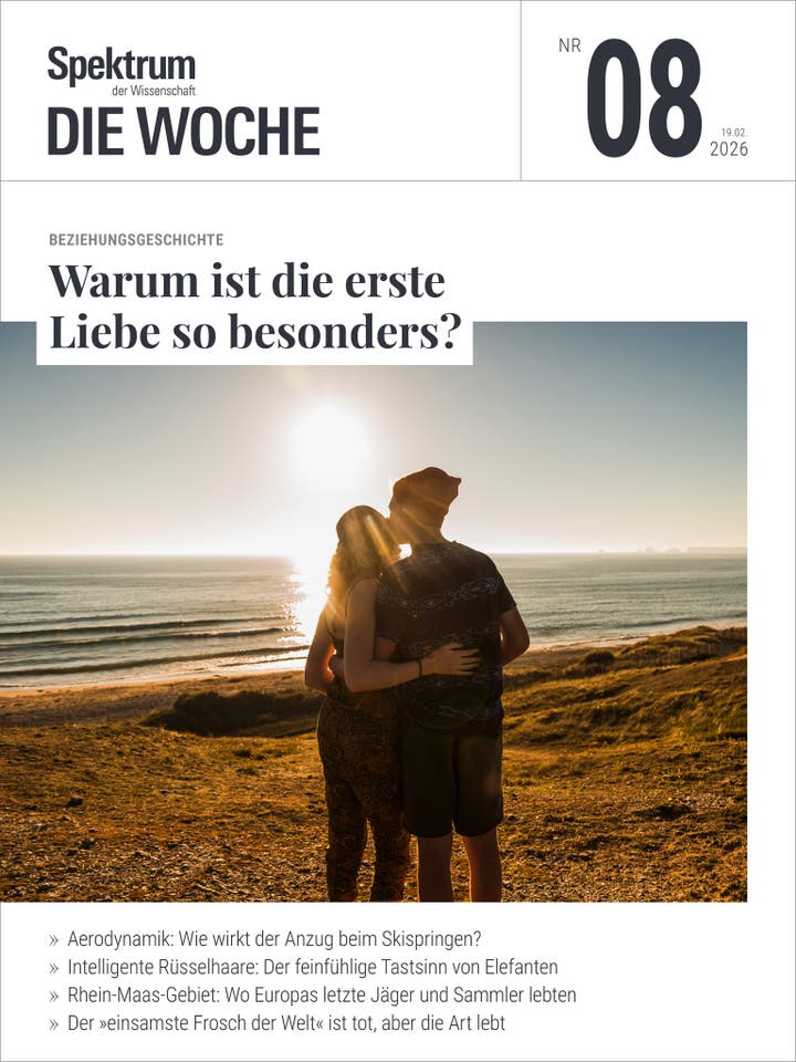 Eine Zeitschriftentitelseite mit dem Titel "Spektrum der Wissenschaft - Die Woche", Ausgabe Nr. 08 vom 19. Februar 2026. Das Hauptthema lautet "Warum ist die erste Liebe so besonders?" und zeigt ein Paar, das sich bei Sonnenuntergang an einem Strand umarmt. Weitere Themen sind Aerodynamik beim Skispringen, der Tastsinn von Elefanten, das Rhein-Maas-Gebiet und ein Artikel &uuml;ber den "einsamsten Frosch der Welt".