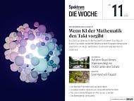Titelbild des Magazins "Spektrum Die Woche", Ausgabe Nr. 11 vom 12. M&auml;rz 2026. Der Titel lautet: "Wenn KI der Mathematik den Takt vorgibt". Die Abbildung zeigt eine 3D-Darstellung von hochdimensionalen Kugeln in verschiedenen Farben, die sich um eine zentrale Lichtquelle gruppieren. Die Themen der Ausgabe umfassen unter anderem einen 14.000 Jahre alten Schatz in einem Alpensee, Kakapos, Gravitationswellen und eine Neuschreibung der Psychiatrie.