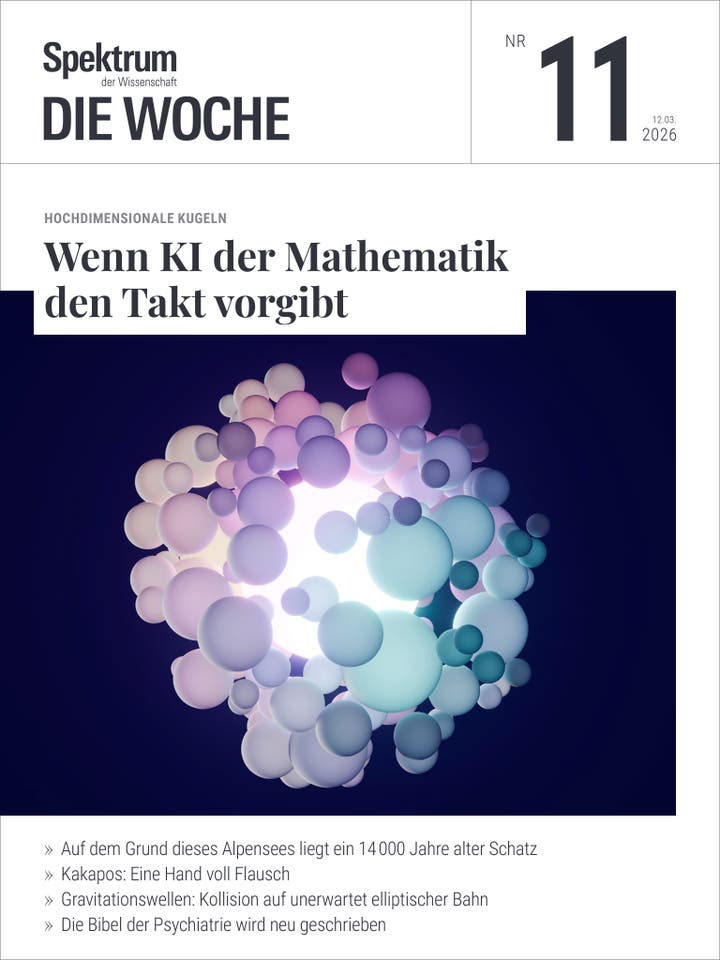 Titelbild des Magazins "Spektrum Die Woche", Ausgabe Nr. 11 vom 12. M&auml;rz 2026. Der Titel lautet: "Wenn KI der Mathematik den Takt vorgibt". Die Abbildung zeigt eine 3D-Darstellung von hochdimensionalen Kugeln in verschiedenen Farben, die sich um eine zentrale Lichtquelle gruppieren. Die Themen der Ausgabe umfassen unter anderem einen 14.000 Jahre alten Schatz in einem Alpensee, Kakapos, Gravitationswellen und eine Neuschreibung der Psychiatrie.