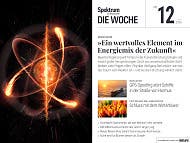 Titelbild der Zeitschrift "Spektrum der Wissenschaft &ndash; Die Woche", Ausgabe Nr. 12 vom 19. M&auml;rz 2026. Das Hauptthema ist "Kernfusion: Ein wertvolles Element im Energiemix der Zukunft". Die Abbildung zeigt eine k&uuml;nstlerische Darstellung von Atomkernen und Energiewellen, die die Dynamik der Kernfusion symbolisieren. Weitere Themen auf dem Cover sind GPS-Spoofing in der Stra&szlig;e von Hormus, KI-gest&uuml;tzte Experimente, Psychologie der Jahreszeiten und eine neue Dinosaurier-Kontroverse.