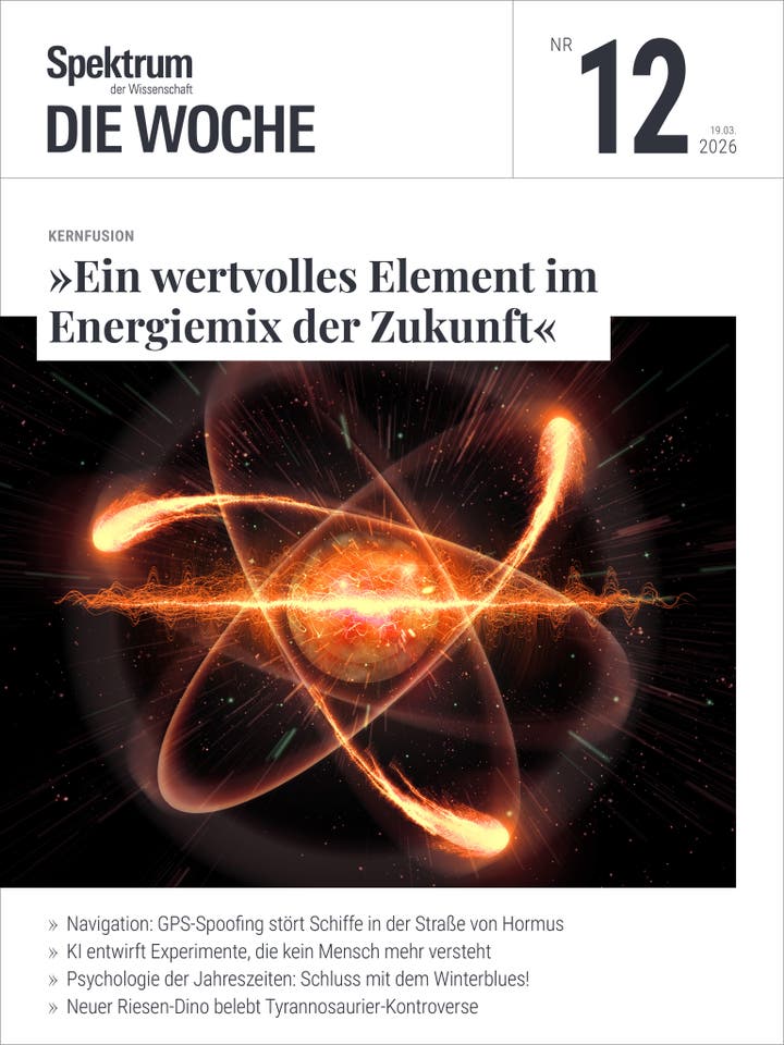 Titelbild der Zeitschrift "Spektrum der Wissenschaft &ndash; Die Woche", Ausgabe Nr. 12 vom 19. M&auml;rz 2026. Das Hauptthema ist "Kernfusion: Ein wertvolles Element im Energiemix der Zukunft". Die Abbildung zeigt eine k&uuml;nstlerische Darstellung von Atomkernen und Energiewellen, die die Dynamik der Kernfusion symbolisieren. Weitere Themen auf dem Cover sind GPS-Spoofing in der Stra&szlig;e von Hormus, KI-gest&uuml;tzte Experimente, Psychologie der Jahreszeiten und eine neue Dinosaurier-Kontroverse.