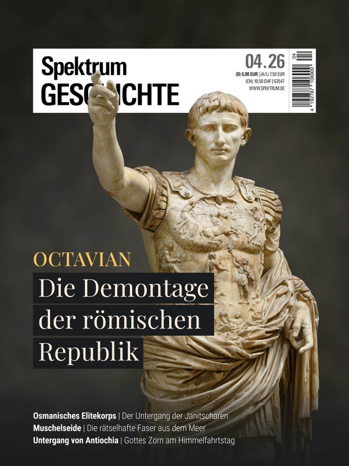 Eine Zeitschrift mit dem Titel "Spektrum Geschichte" zeigt eine Statue von Octavian, auch bekannt als Augustus, in einer klassischen Pose. Der Hauptartikel thematisiert "Die Demontage der r&ouml;mischen Republik". Weitere Themen sind das osmanische Elitekorps, Muschelseide und der Untergang von Antiochia. Oben rechts sind Preisangaben und eine URL zu sehen.
