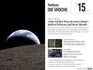 Titelbild der Zeitschrift "Spektrum der Wissenschaft &ndash; Die Woche", Ausgabe Nr. 15 vom 9. April 2026. Im Zentrum steht ein astronomisches Bild, das die Erde vom Mond aus zeigt. Der obere Teil des Bildes enth&auml;lt den Titel "Das ist der Weg zu einer dauerhaften Pr&auml;senz auf dem Mond" im Kontext der Artemis-2-Mission. Unten sind Themen der Ausgabe aufgelistet: Quantenkausalit&auml;t, Amazonasregenwald, Solarenergie und Neurodivergenz.