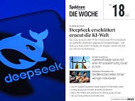 Titelbild der Zeitschrift "Spektrum der Wissenschaft – Die Woche", Ausgabe Nr. 18 vom 30. April 2026. Der Hauptartikel trägt den Titel "DeepSeek erschüttert erneut die KI-Welt" und thematisiert KI-Entwicklungen aus China. Im Hintergrund ist ein Smartphone mit dem Logo von DeepSeek, einem stilisierten Wal, zu sehen. Weitere Artikelüberschriften sind: "Motorik im Sinkflug: 'Vielleicht haben wir es mit einer Art sozialem Long Covid zu tun'", "Die Menschen reden immer weniger miteinander", "Warum nützliche Quantencomputer plötzlich in Reichweite rücken" und "Hürde zum stärksten Laserlicht überwunden". Titelbild der Zeitschrift "Spektrum der Wissenschaft – Die Woche", Ausgabe Nr. 18 vom 30. April 2026. Der Hauptartikel trägt den Titel "DeepSeek erschüttert erneut die KI-Welt" und thematisiert KI-Entwicklungen aus China. Im Hintergrund ist ein Smartphone mit dem Logo von DeepSeek, einem stilisierten Wal, zu sehen. Weitere Artikelüberschriften sind: "Motorik im Sinkflug: 'Vielleicht haben wir es mit einer Art sozialem Long Covid zu tun'", "Die Menschen reden immer weniger miteinander", "Warum nützliche Quantencomputer plötzlich in Reichweite rücken" und "Hürde zum stärksten Laserlicht überwunden".