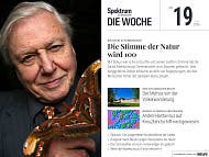 Titelbild des Magazins "Spektrum der Wissenschaft – Die Woche", Ausgabe Nr. 19 vom 7. Mai 2026. Im Mittelpunkt steht ein älterer Mann, der freundlich in die Kamera blickt, während er einen großen Schmetterling in der Hand hält. Der Text auf dem Cover lautet: "Sir David Attenborough – Die Stimme der Natur wird 100". Weitere Themen der Ausgabe sind: das Ende des Römischen Reichs, die Wunderpflanze Silphium, das Anden-Hantavirus auf einem Kreuzfahrtschiff und ausgestorbene Riesen in Ökosystemen. Titelbild des Magazins "Spektrum der Wissenschaft – Die Woche", Ausgabe Nr. 19 vom 7. Mai 2026. Im Mittelpunkt steht ein älterer Mann, der freundlich in die Kamera blickt, während er einen großen Schmetterling in der Hand hält. Der Text auf dem Cover lautet: "Sir David Attenborough – Die Stimme der Natur wird 100". Weitere Themen der Ausgabe sind: das Ende des Römischen Reichs, die Wunderpflanze Silphium, das Anden-Hantavirus auf einem Kreuzfahrtschiff und ausgestorbene Riesen in Ökosystemen.
