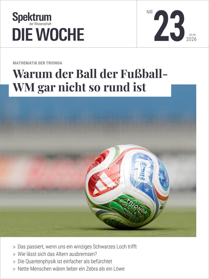 Titelbild der Zeitschrift "Spektrum der Wissenschaft &ndash; Die Woche", Ausgabe Nr. 23 vom 4. Juni 2026. Im Vordergrund liegt ein Fu&szlig;ball mit buntem Muster auf einem Spielfeld. Der Hauptartikel tr&auml;gt den Titel "Warum der Ball der Fu&szlig;ball-WM gar nicht so rund ist" und geh&ouml;rt zur Rubrik "Mathematik der Trionda". Weitere Artikelthemen sind unter anderem Schwarze L&ouml;cher, Altersforschung und Quantenphysik.