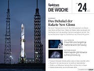 Titelbild der Zeitschrift "Spektrum der Wissenschaft &ndash; Die Woche", Ausgabe Nr. 24 vom 11. Juni 2026. Im Zentrum steht eine Rakete auf einer Startrampe, beschriftet mit "AST" und "New Glenn". Der Himmel ist in der D&auml;mmerung zu sehen. Der Hauptartikel thematisiert das "Debakel der Rakete New Glenn". Weitere Themen sind KI in der Mathematik, Brustkrebsvorsorge, Feynmans Restaurant-Dilemma und die Obduktion eines Walkadavers.