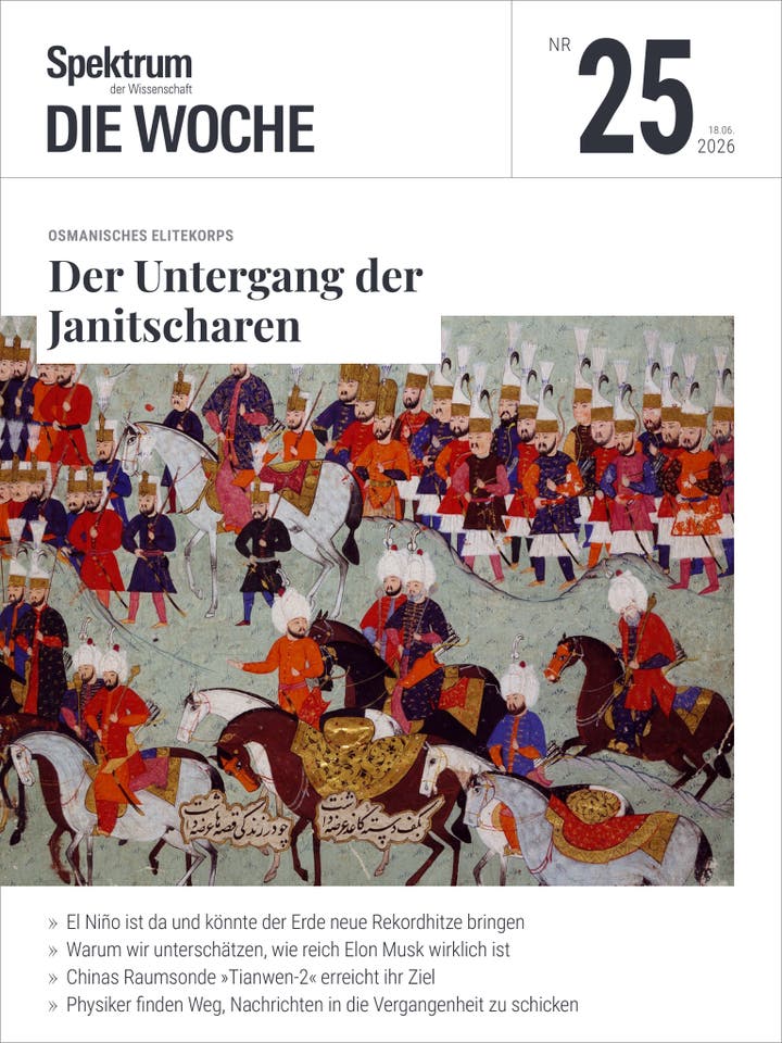 Titelbild der Zeitschrift "Spektrum der Wissenschaft &ndash; Die Woche", Ausgabe Nr. 25 vom 18. Juni 2026. Das Hauptthema lautet "Der Untergang der Janitscharen", begleitet von einer historischen Illustration, die osmanische Soldaten in traditionellen Gew&auml;ndern und Kopfbedeckungen zeigt. Die Szene ist farbenfroh und detailreich gestaltet. Weitere Themen auf dem Cover sind El Ni&ntilde;o und seine Auswirkungen, die Untersch&auml;tzung von Elon Musks Reichtum, Chinas Raumsonde "Tianwen-2" und physikalische Entdeckungen zur Kommunikation in die Vergangenheit.