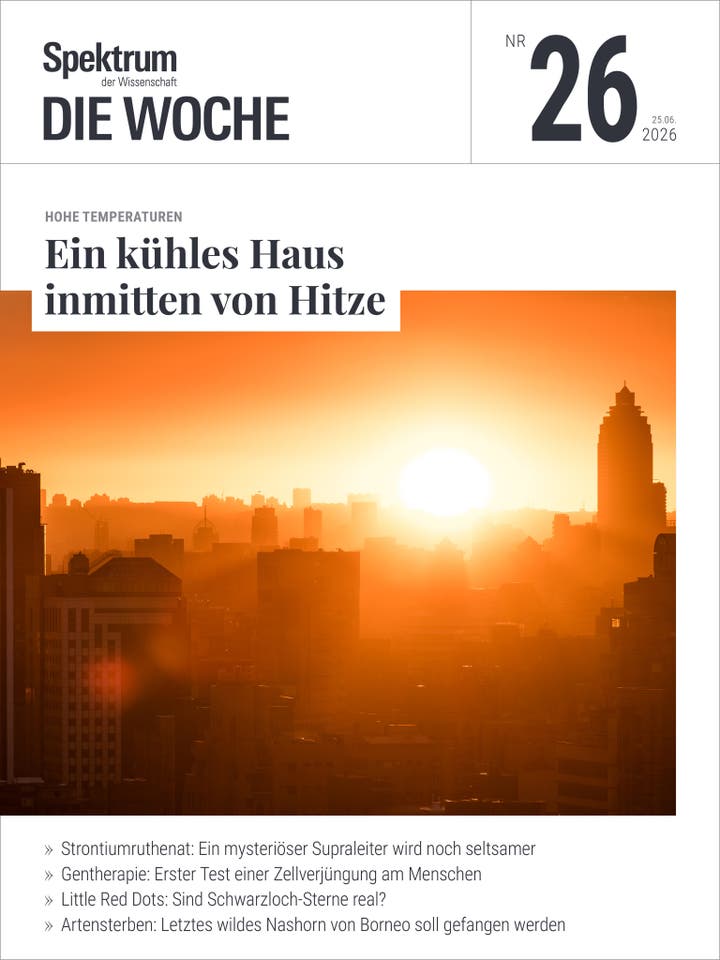 Titelbild des Magazins "Spektrum Die Woche", Ausgabe Nr. 26 vom 25. Juni 2026. Im Vordergrund ist eine st&auml;dtische Skyline bei Sonnenuntergang zu sehen, die in warmes, orangefarbenes Licht getaucht ist. Der Hauptartikel tr&auml;gt den Titel "Ein k&uuml;hles Haus inmitten von Hitze" und thematisiert hohe Temperaturen. Weitere Artikel&uuml;berschriften sind: "Strontiumruthenat: Ein mysteri&ouml;ser Supraleiter wird noch seltsamer", "Gentherapie: Erster Test einer Zellverj&uuml;ngung am Menschen", "Little Red Dots: Sind Schwarzlichter real?" und "Artensterben: Letztes wildes Nashorn von Borneo soll gefangen werden".