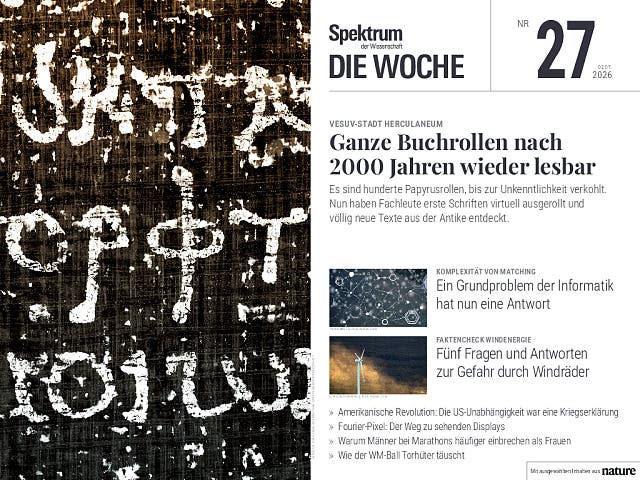 Titelbild der Zeitschrift "Spektrum der Wissenschaft &ndash; Die Woche", Ausgabe Nr. 27 vom 2. Juli 2026. Im oberen Bereich steht der Titel "Vesuv-Stadt Herculaneum: Ganze Buchrollen nach 2000 Jahren wieder lesbar". Darunter ist ein Bild antiker Schriftrollen mit griechischen Buchstaben zu sehen. Am unteren Rand sind Themen der Ausgabe aufgelistet, darunter "Komplexit&auml;t von Matching", "Gefahr durch Windr&auml;der", "Amerikanische Revolution" und "Fourier-Pixel".