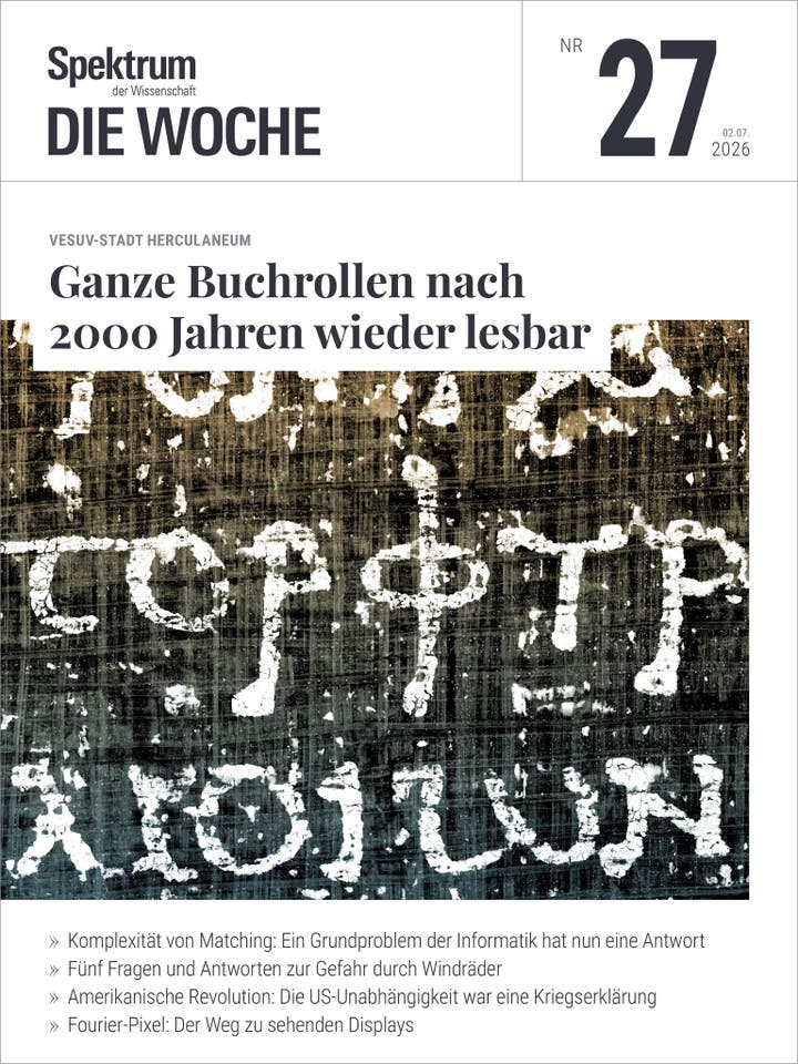 Titelbild der Zeitschrift "Spektrum der Wissenschaft &ndash; Die Woche", Ausgabe Nr. 27 vom 2. Juli 2026. Im oberen Bereich steht der Titel "Vesuv-Stadt Herculaneum: Ganze Buchrollen nach 2000 Jahren wieder lesbar". Darunter ist ein Bild antiker Schriftrollen mit griechischen Buchstaben zu sehen. Am unteren Rand sind Themen der Ausgabe aufgelistet, darunter "Komplexit&auml;t von Matching", "Gefahr durch Windr&auml;der", "Amerikanische Revolution" und "Fourier-Pixel".