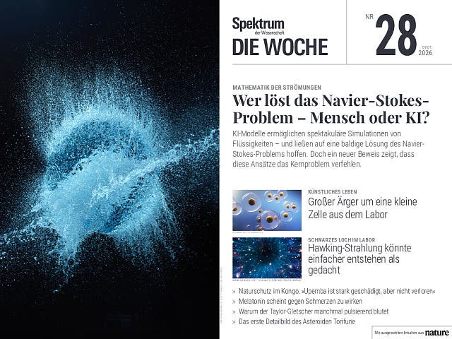 Titelbild der Zeitschrift "Spektrum der Wissenschaft &ndash; Die Woche", Ausgabe Nr. 28 vom 9. Juli 2026. Das Hauptthema lautet: "Wer l&ouml;st das Navier-Stokes-Problem &ndash; Mensch oder KI?" Das Bild zeigt eine k&uuml;nstlerische Darstellung von Str&ouml;mungen in Blau- und Schwarzt&ouml;nen, die das mathematische Thema visuell untermalen. Weitere Themen auf dem Cover sind k&uuml;nstliches Leben, Hawking-Strahlung, Naturschutz im Kongo und die Wirkung von Melatonin gegen Schmerzen.