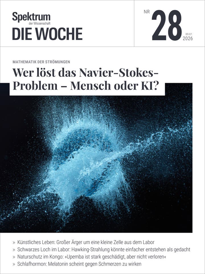 Titelbild der Zeitschrift "Spektrum der Wissenschaft &ndash; Die Woche", Ausgabe Nr. 28 vom 9. Juli 2026. Das Hauptthema lautet: "Wer l&ouml;st das Navier-Stokes-Problem &ndash; Mensch oder KI?" Das Bild zeigt eine k&uuml;nstlerische Darstellung von Str&ouml;mungen in Blau- und Schwarzt&ouml;nen, die das mathematische Thema visuell untermalen. Weitere Themen auf dem Cover sind k&uuml;nstliches Leben, Hawking-Strahlung, Naturschutz im Kongo und die Wirkung von Melatonin gegen Schmerzen.