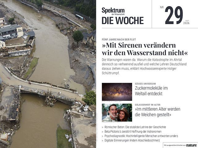 Luftaufnahme einer von Hochwasser betroffenen Stadt mit beschädigten Gebäuden und einer zerstörten Brücke über einen Fluss. Trümmer sind entlang des Flussufers verteilt. Der Text auf dem Bild lautet: „Mit Sirenen verändern wir den Wasserstand nicht“. Oben links steht „Spektrum der Wissenschaft DIE WOCHE“, Ausgabe Nr. 29 vom 16.07.2026. Unten sind Themen wie „Zuckermoleküle im Weltall entdeckt“ und „Römischer Beton: Die stabilste Latrine der Geschichte“ aufgelistet. Luftaufnahme einer von Hochwasser betroffenen Stadt mit beschädigten Gebäuden und einer zerstörten Brücke über einen Fluss. Trümmer sind entlang des Flussufers verteilt. Der Text auf dem Bild lautet: „Mit Sirenen verändern wir den Wasserstand nicht“. Oben links steht „Spektrum der Wissenschaft DIE WOCHE“, Ausgabe Nr. 29 vom 16.07.2026. Unten sind Themen wie „Zuckermoleküle im Weltall entdeckt“ und „Römischer Beton: Die stabilste Latrine der Geschichte“ aufgelistet.