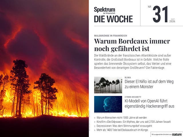 Titelbild des Magazins "Spektrum der Wissenschaft – Die Woche", Ausgabe Nr. 31 vom 30. Juli 2026. Das Hauptthema lautet "Warum Bordeaux immer noch gefährdet ist" und bezieht sich auf Waldbrände in Frankreich. Das Bild zeigt einen intensiven Waldbrand mit Flammen und Rauch am Horizont. Weitere Themen auf dem Cover sind El Niño, ein KI-Modell von OpenAI, der Kinofilm "Die Odyssee" und Depressionen. Titelbild des Magazins "Spektrum der Wissenschaft – Die Woche", Ausgabe Nr. 31 vom 30. Juli 2026. Das Hauptthema lautet "Warum Bordeaux immer noch gefährdet ist" und bezieht sich auf Waldbrände in Frankreich. Das Bild zeigt einen intensiven Waldbrand mit Flammen und Rauch am Horizont. Weitere Themen auf dem Cover sind El Niño, ein KI-Modell von OpenAI, der Kinofilm "Die Odyssee" und Depressionen.