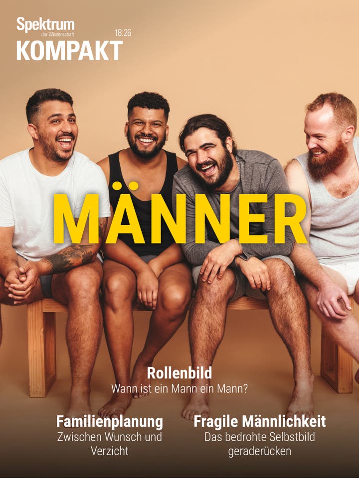 Das Cover der Zeitschrift "Spektrum der Wissenschaft Kompakt" zeigt vier lachende M&auml;nner, die auf einer Bank sitzen. Der Hintergrund ist beige. Der Titel "M&Auml;NNER" ist in gro&szlig;en gelben Buchstaben zentriert. Oben links steht der Name der Zeitschrift. Unten sind Themen wie "Rollenbild: Wann ist ein Mann ein Mann?", "Familienplanung: Zwischen Wunsch und Verzicht" und "Fragile M&auml;nnlichkeit: Das bedrohte Selbstbild gerader&uuml;cken" aufgef&uuml;hrt.