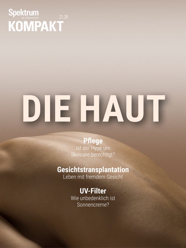 Titelbild der Zeitschrift "Spektrum der Wissenschaft Kompakt" mit dem Thema "Die Haut". Im Hintergrund ist eine Nahaufnahme von Haut zu sehen. Text auf dem Bild: "Pflege - Ist der Hype um Skincare berechtigt?", "Gesichtstransplantation - Leben mit fremdem Gesicht", "UV-Filter - Wie unbedenklich ist Sonnencreme?".