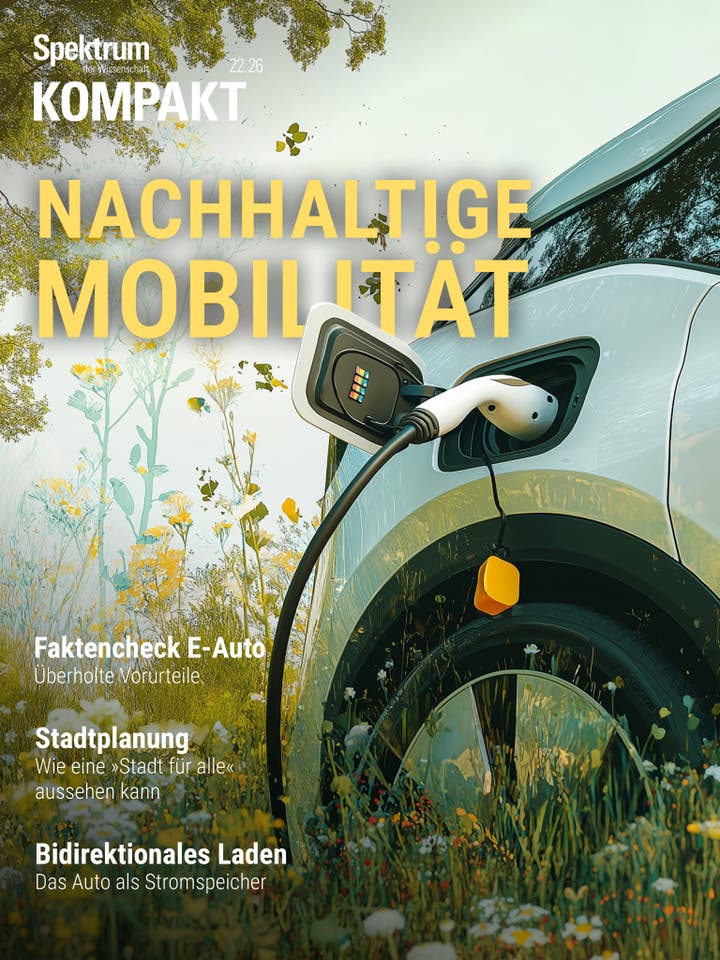 Ein Elektroauto wird in einer gr&uuml;nen, bl&uuml;henden Landschaft aufgeladen. Der Ladeanschluss ist mit einem Kabel verbunden. Im Hintergrund sind B&auml;ume und Blumen zu sehen. Der Text auf dem Bild lautet: &bdquo;Spektrum Kompakt 22.26. Nachhaltige Mobilit&auml;t. Faktencheck E-Auto: &Uuml;berholte Vorurteile. Stadtplanung: Wie eine &sbquo;Stadt f&uuml;r alle&lsquo; aussehen kann. Bidirektionales Laden: Das Auto als Stromspeicher.&ldquo;