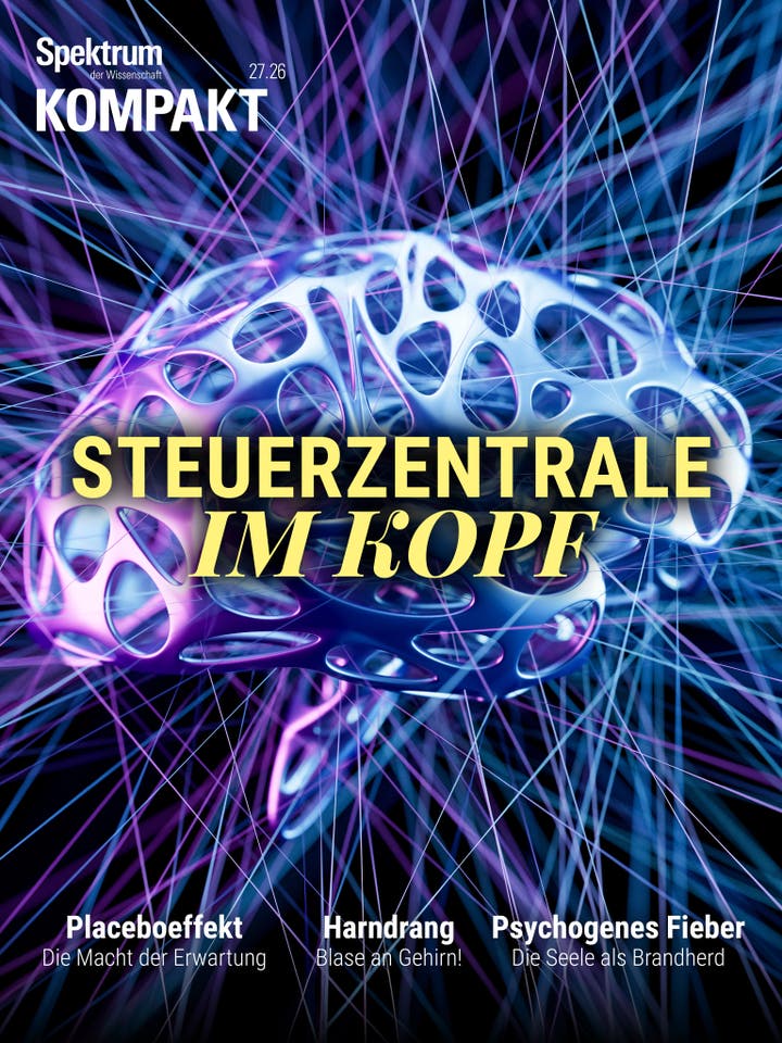 Eine 3D-Darstellung eines stilisierten Gehirns mit leuchtenden, netzartigen Strukturen in Blau- und Violettt&ouml;nen. Im Vordergrund steht der Text &bdquo;STEUERZENTRALE IM KOPF&ldquo; in gro&szlig;en, gelben Buchstaben. Oben links ist das Logo &bdquo;Spektrum der Wissenschaft KOMPAKT&ldquo; zu sehen. Unten sind Themen wie &bdquo;Placeboeffekt: Die Macht der Erwartung&ldquo;, &bdquo;Harndrang: Blase am Gehirn!&ldquo; und &bdquo;Psychogenes Fieber: Die Seele als Brandherd&ldquo; aufgef&uuml;hrt. Die Darstellung vermittelt ein futuristisches und wissenschaftliches Thema.
