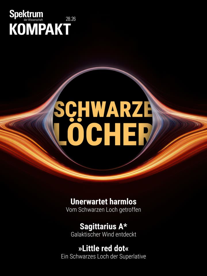 Titelbild der Zeitschrift "Spektrum der Wissenschaft Kompakt" mit dem Thema "Schwarze L&ouml;cher". Im Zentrum ist ein stilisiertes schwarzes Loch mit leuchtenden, rot-orangefarbenen Akkretionsscheiben zu sehen. Der Text "SCHWARZE L&Ouml;CHER" ist in gro&szlig;en, gelben Buchstaben &uuml;ber dem schwarzen Loch platziert. Darunter stehen die Schlagzeilen: "Unerwartet harmlos - Vom Schwarzen Loch getroffen", "Sagittarius A* - Galaktischer Wind entdeckt" und "&raquo;Little red dot&laquo; - Ein Schwarzes Loch der Superlative".
