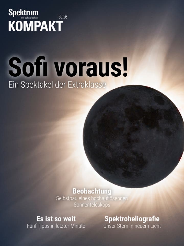 Titelbild des Magazins "Spektrum der Wissenschaft Kompakt" mit dem Titel "Sofi voraus! Ein Spektakel der Extraklasse". Das Bild zeigt eine Sonnenfinsternis, bei der der Mond die Sonne teilweise verdeckt, umgeben von einem strahlenden Lichtkranz. Weitere Texte auf dem Cover sind: "Beobachtung: Selbstbau eines hochaufl&ouml;senden Sonnenteleskops", "Es ist so weit: F&uuml;nf Tipps in letzter Minute" und "Spektroheliografie: Unser Stern in neuem Licht".