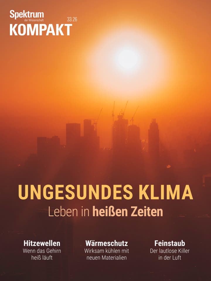 Eine orangefarbene Skyline bei Sonnenuntergang mit sichtbarem Smog &uuml;ber einer Stadt. Der Himmel ist intensiv orange, und die Sonne steht tief am Horizont. Im Vordergrund sind die Silhouetten von Hochh&auml;usern und Baukr&auml;nen zu sehen. Der Text auf dem Bild lautet: &bdquo;Spektrum der Wissenschaft KOMPAKT 33.26. Ungesundes Klima: Leben in hei&szlig;en Zeiten.&ldquo; Untertitel thematisieren Hitzewellen, W&auml;rmeschutz und Feinstaub.