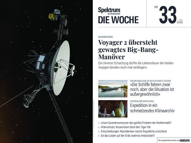 Titelbild des Magazins "Spektrum der Wissenschaft – Die Woche", Ausgabe Nr. 33 vom 13. August 2026. Im Zentrum steht eine künstlerische Darstellung der Raumsonde Voyager 2 im Weltraum. Der Artikel thematisiert das erfolgreiche Big-Bang-Manöver der Sonde. Weitere Themen auf dem Cover sind Niedrigwasser, eine Expedition in ein schmelzendes Klimaarchiv, Quantencomputer und die Entstehung von Leben auf der Erde. Titelbild des Magazins "Spektrum der Wissenschaft – Die Woche", Ausgabe Nr. 33 vom 13. August 2026. Im Zentrum steht eine künstlerische Darstellung der Raumsonde Voyager 2 im Weltraum. Der Artikel thematisiert das erfolgreiche Big-Bang-Manöver der Sonde. Weitere Themen auf dem Cover sind Niedrigwasser, eine Expedition in ein schmelzendes Klimaarchiv, Quantencomputer und die Entstehung von Leben auf der Erde.