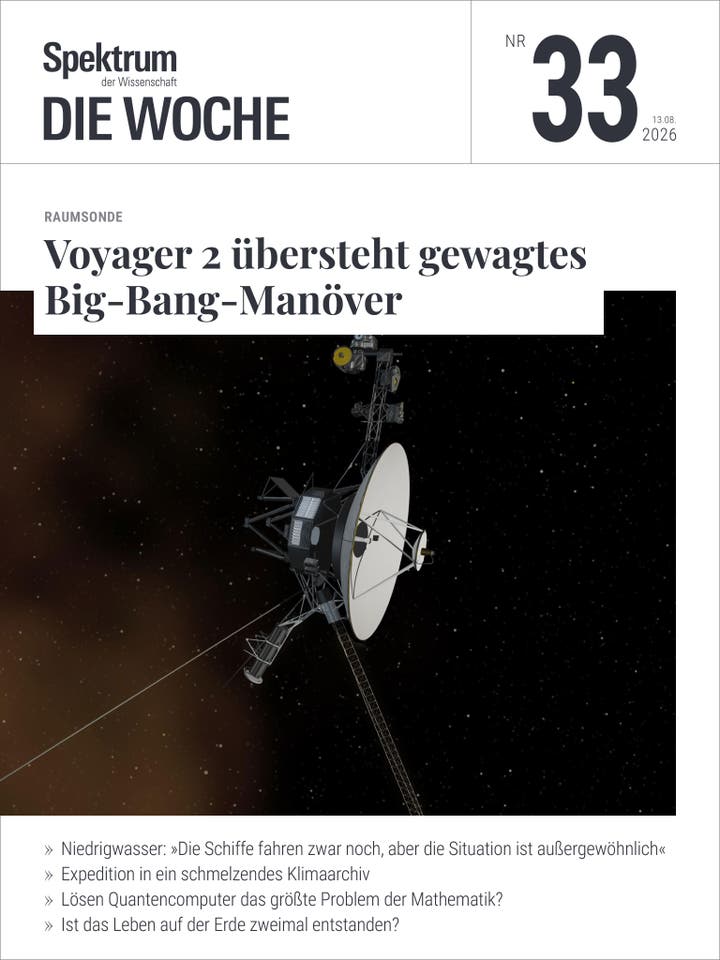 Titelbild des Magazins "Spektrum der Wissenschaft &ndash; Die Woche", Ausgabe Nr. 33 vom 13. August 2026. Im Zentrum steht eine k&uuml;nstlerische Darstellung der Raumsonde Voyager 2 im Weltraum. Der Artikel thematisiert das erfolgreiche Big-Bang-Man&ouml;ver der Sonde. Weitere Themen auf dem Cover sind Niedrigwasser, eine Expedition in ein schmelzendes Klimaarchiv, Quantencomputer und die Entstehung von Leben auf der Erde.