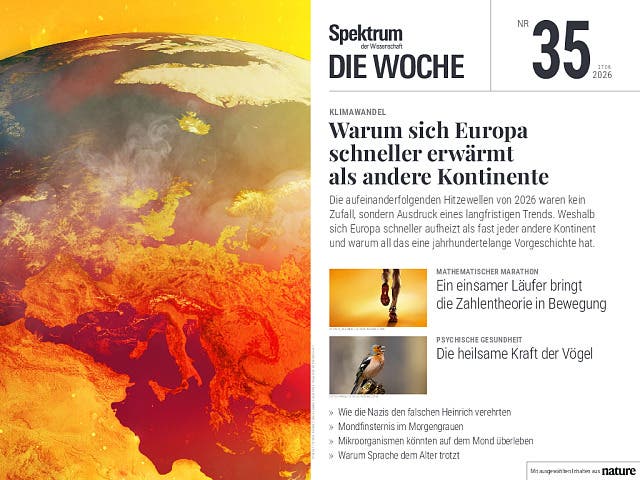 Titelbild der Zeitschrift "Spektrum der Wissenschaft – Die Woche", Ausgabe Nr. 35 vom 27.08.2026. Das Hauptthema ist der Klimawandel mit dem Titel "Warum sich Europa schneller erwärmt als andere Kontinente". Das Bild zeigt eine künstlerische Darstellung der Erde mit einem Fokus auf Europa, das in warmen Farben leuchtet, um die Erderwärmung zu symbolisieren. Im Hintergrund ist eine helle Sonne zu sehen. Weitere Themen auf dem Cover sind: Zahlentheorie, psychische Gesundheit, SS-Ahnenverehrung und eine Mondfinsternis. Titelbild der Zeitschrift "Spektrum der Wissenschaft – Die Woche", Ausgabe Nr. 35 vom 27.08.2026. Das Hauptthema ist der Klimawandel mit dem Titel "Warum sich Europa schneller erwärmt als andere Kontinente". Das Bild zeigt eine künstlerische Darstellung der Erde mit einem Fokus auf Europa, das in warmen Farben leuchtet, um die Erderwärmung zu symbolisieren. Im Hintergrund ist eine helle Sonne zu sehen. Weitere Themen auf dem Cover sind: Zahlentheorie, psychische Gesundheit, SS-Ahnenverehrung und eine Mondfinsternis.