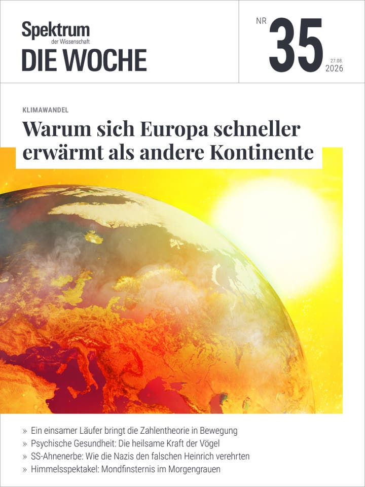 Titelbild der Zeitschrift "Spektrum der Wissenschaft &ndash; Die Woche", Ausgabe Nr. 35 vom 27.08.2026. Das Hauptthema ist der Klimawandel mit dem Titel "Warum sich Europa schneller erw&auml;rmt als andere Kontinente". Das Bild zeigt eine k&uuml;nstlerische Darstellung der Erde mit einem Fokus auf Europa, das in warmen Farben leuchtet, um die Erderw&auml;rmung zu symbolisieren. Im Hintergrund ist eine helle Sonne zu sehen. Weitere Themen auf dem Cover sind: Zahlentheorie, psychische Gesundheit, SS-Ahnenverehrung und eine Mondfinsternis.